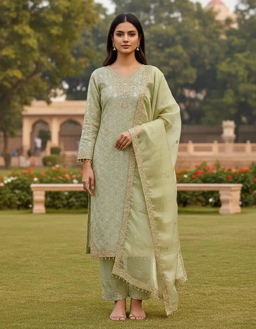 Embroidered Gmy Silk Kurta Palazzo Set with Dupatta