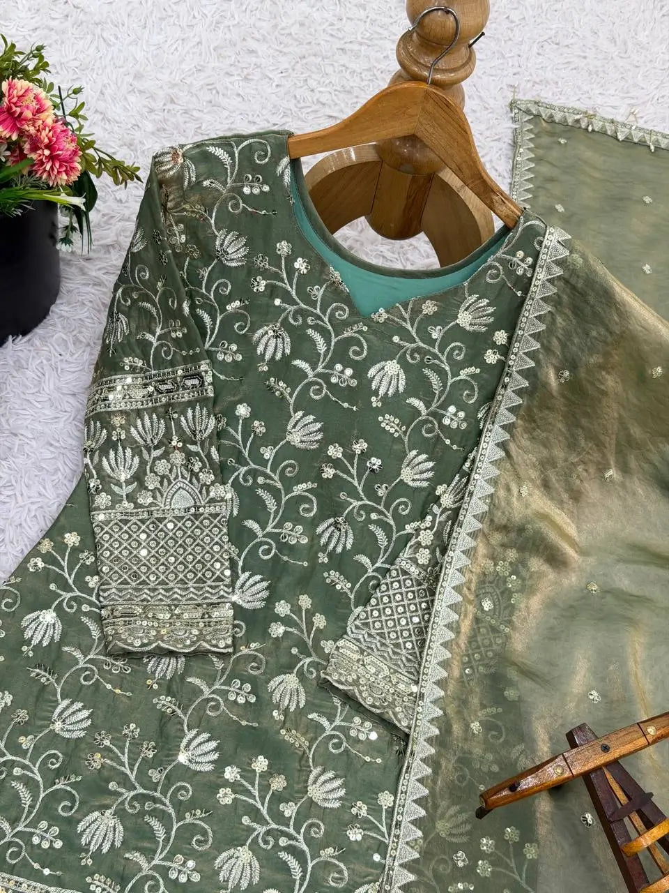 Embroidered Gmy Silk Kurta Palazzo Set with Dupatta