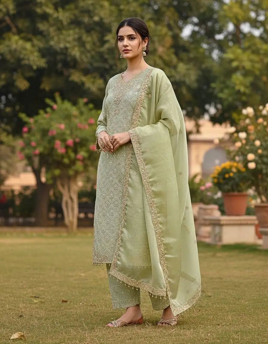 Embroidered Gmy Silk Kurta Palazzo Set with Dupatta