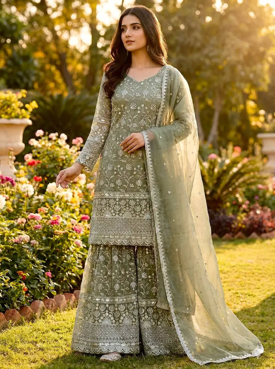 Embroidered Gmy Silk Kurta Palazzo Set with Dupatta