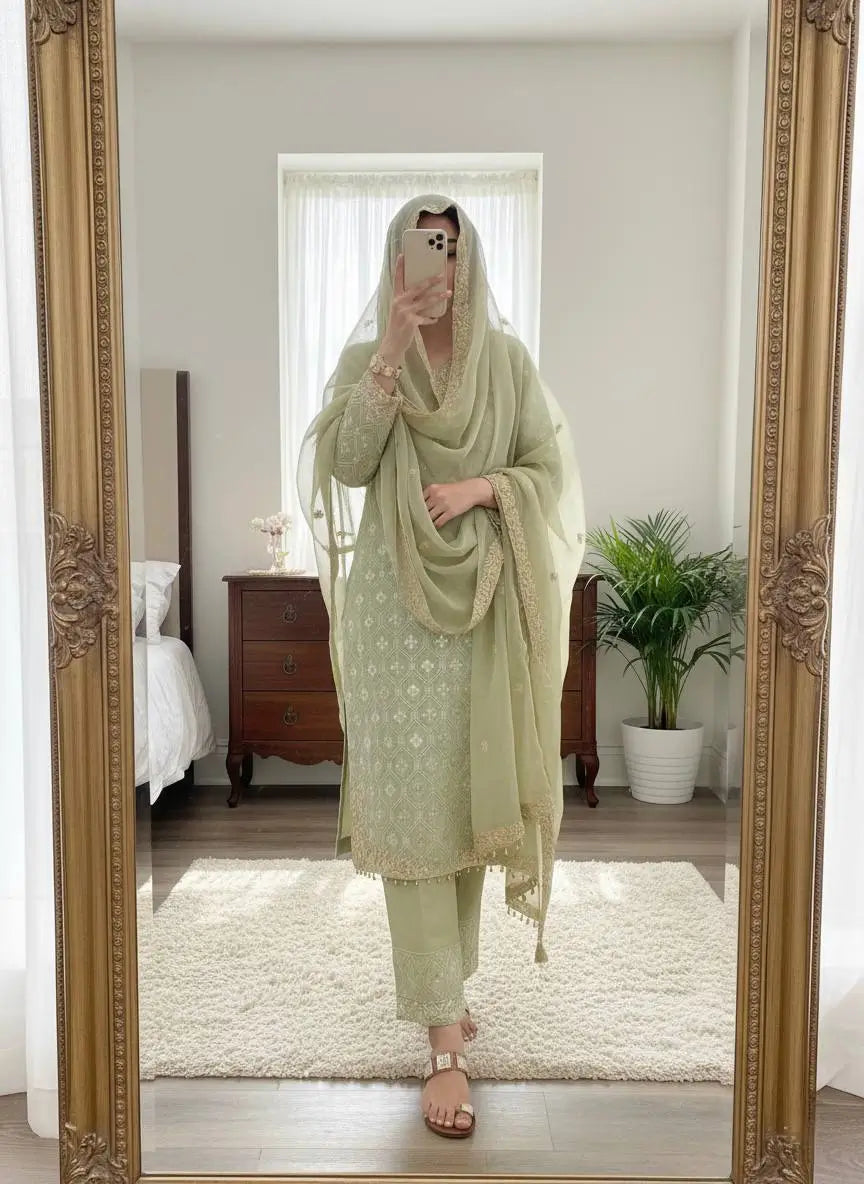 Embroidered Gmy Silk Kurta Palazzo Set with Dupatta