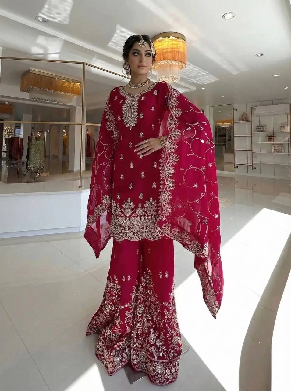 Embroidered Gmy Silk Kurta Palazzo Set with Dupatta