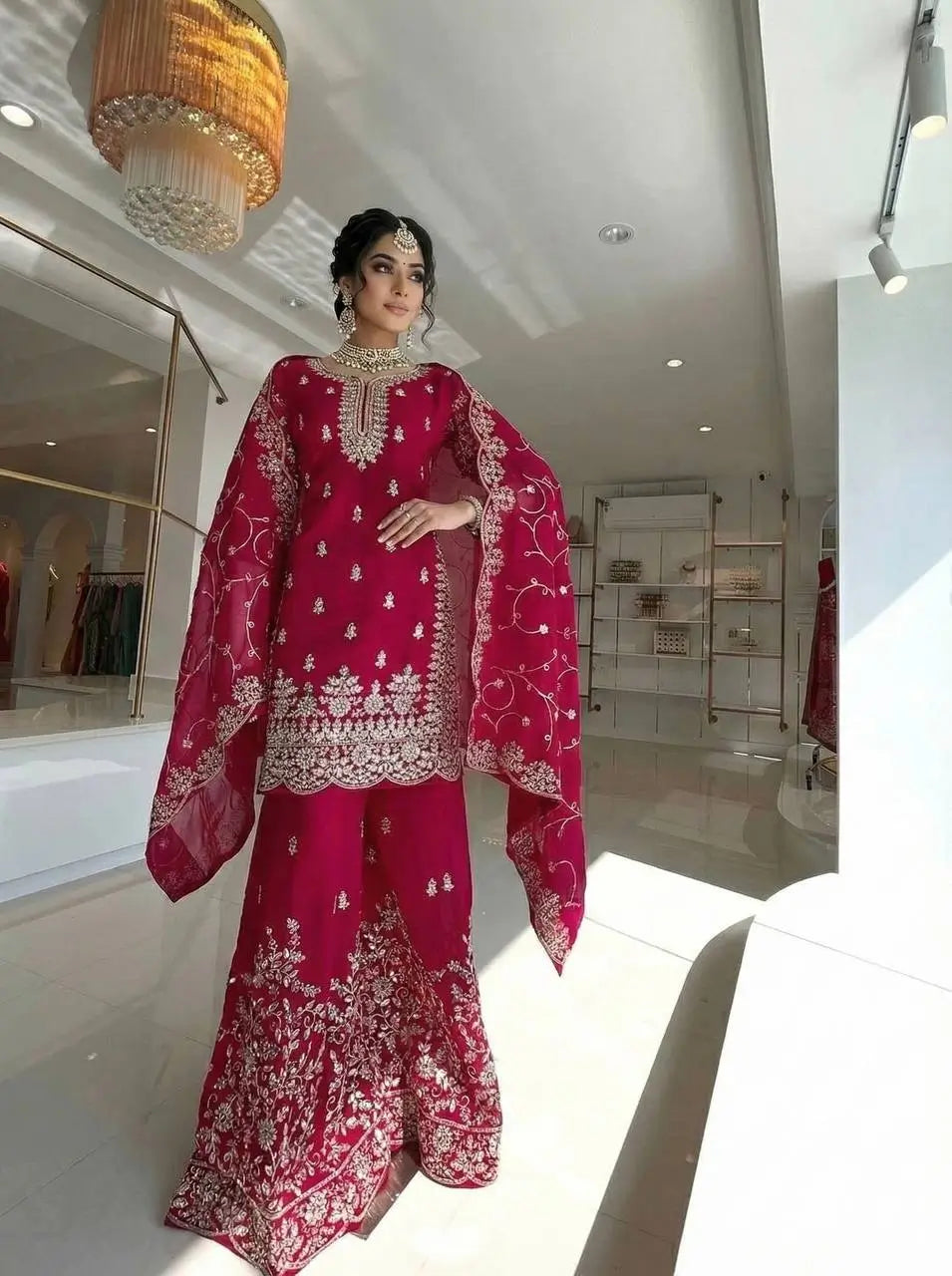 Embroidered Gmy Silk Kurta Palazzo Set with Dupatta