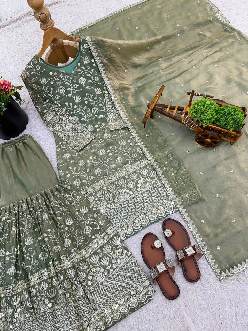Embroidered Gmy Silk Kurta Palazzo Set with Dupatta