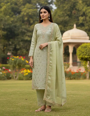 Embroidered Gmy Silk Kurta Palazzo Set with Dupatta