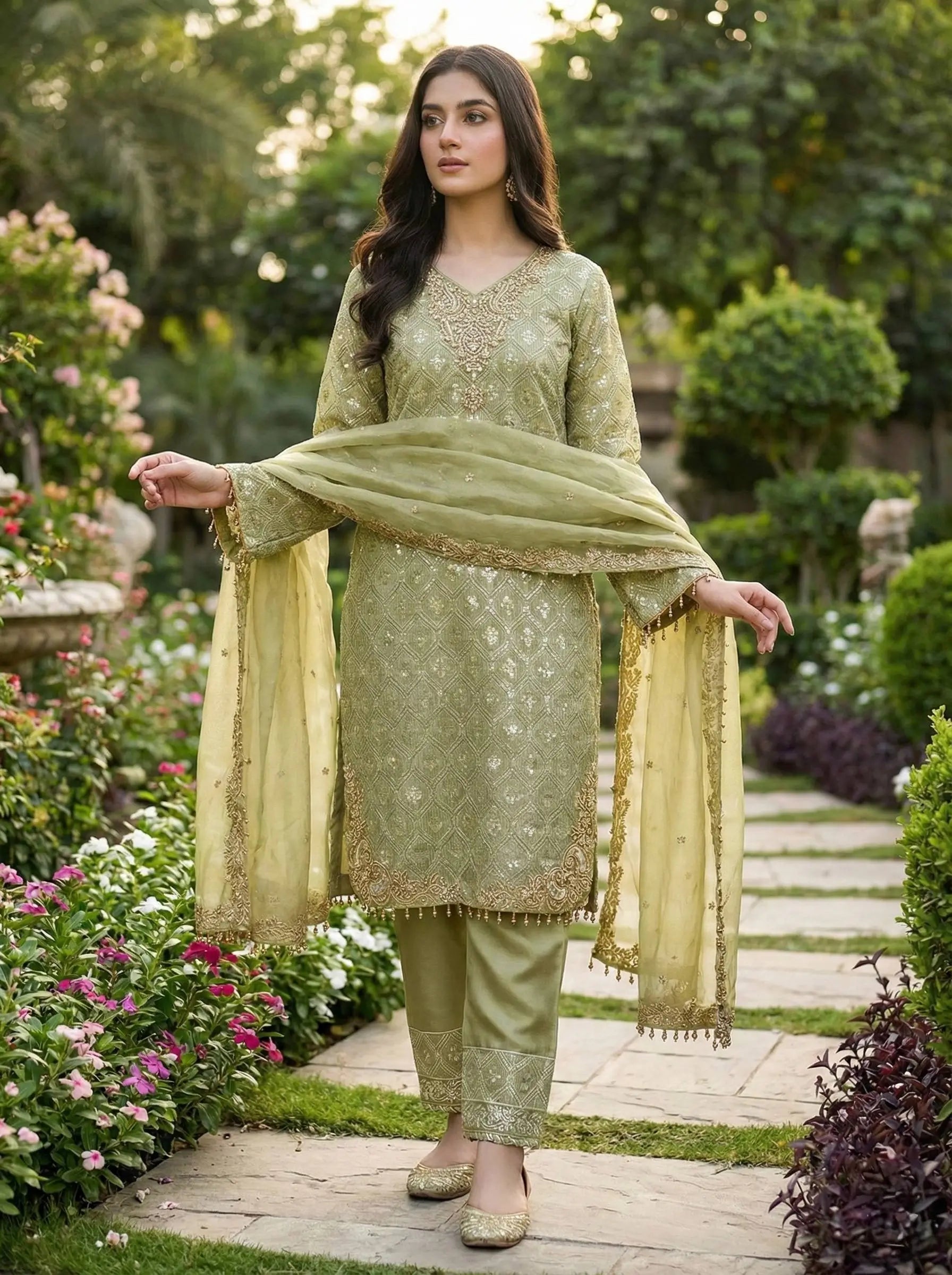 Embroidered Gmy Silk Kurta Palazzo Set with Dupatta