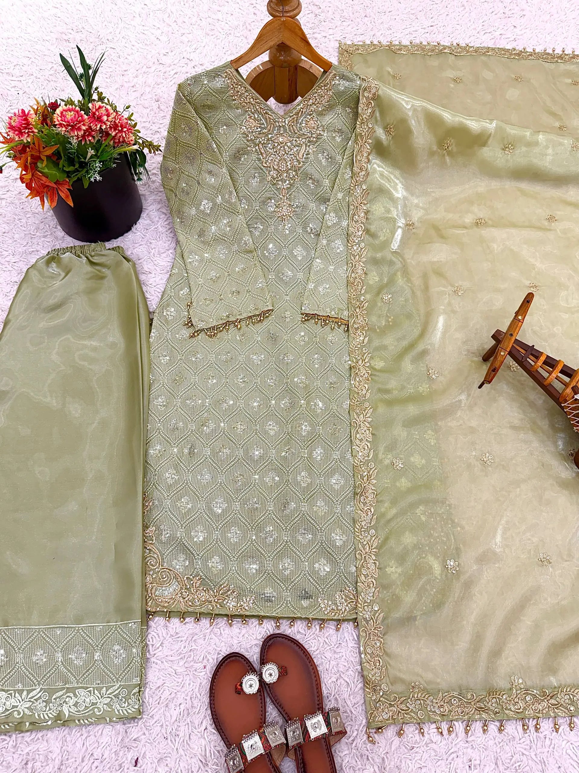 Embroidered Gmy Silk Kurta Palazzo Set with Dupatta