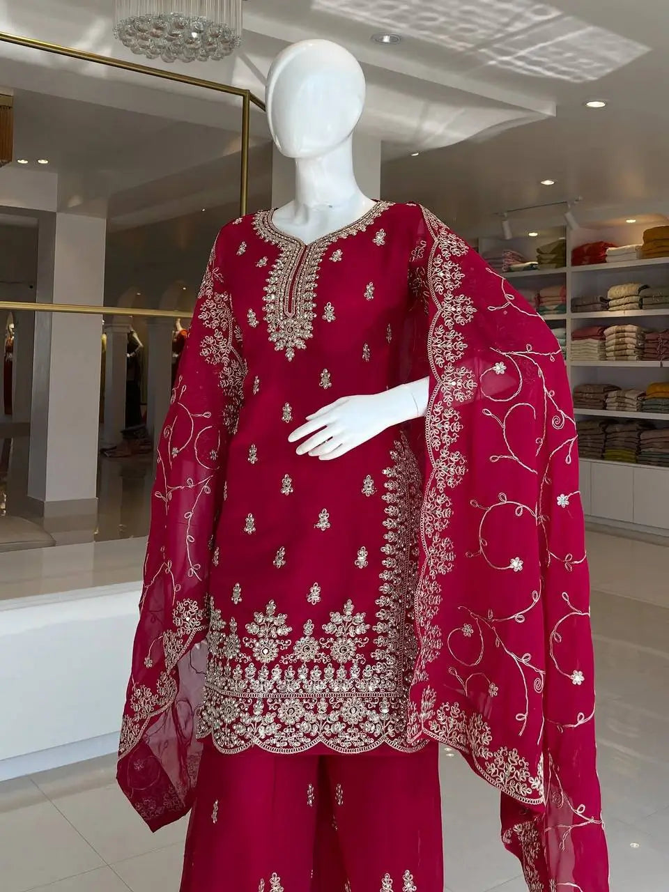 Embroidered Gmy Silk Kurta Palazzo Set with Dupatta
