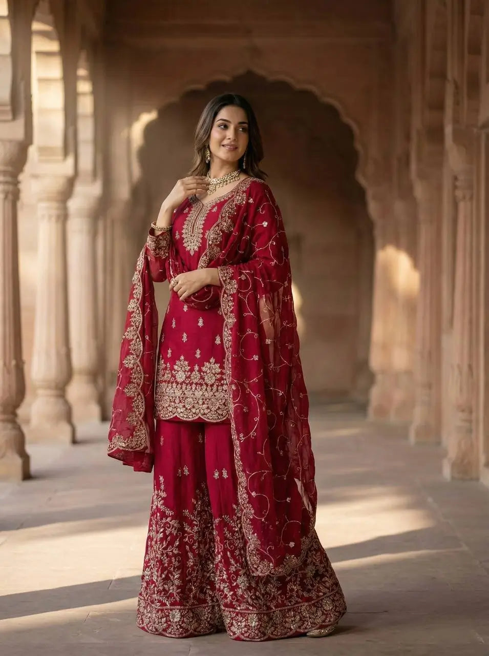 Embroidered Gmy Silk Kurta Palazzo Set with Dupatta