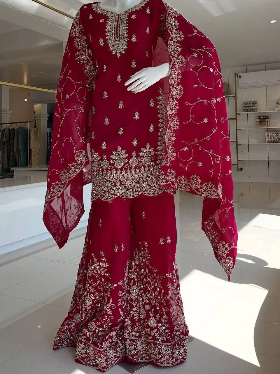 Embroidered Gmy Silk Kurta Palazzo Set with Dupatta