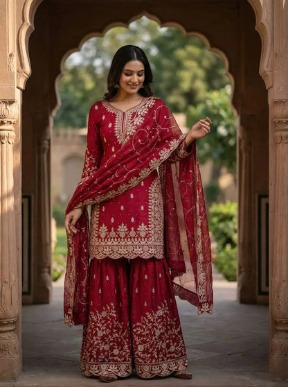 Embroidered Gmy Silk Kurta Palazzo Set with Dupatta