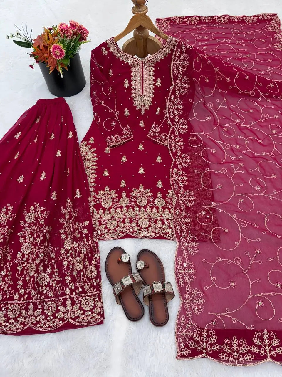 Embroidered Gmy Silk Kurta Palazzo Set with Dupatta