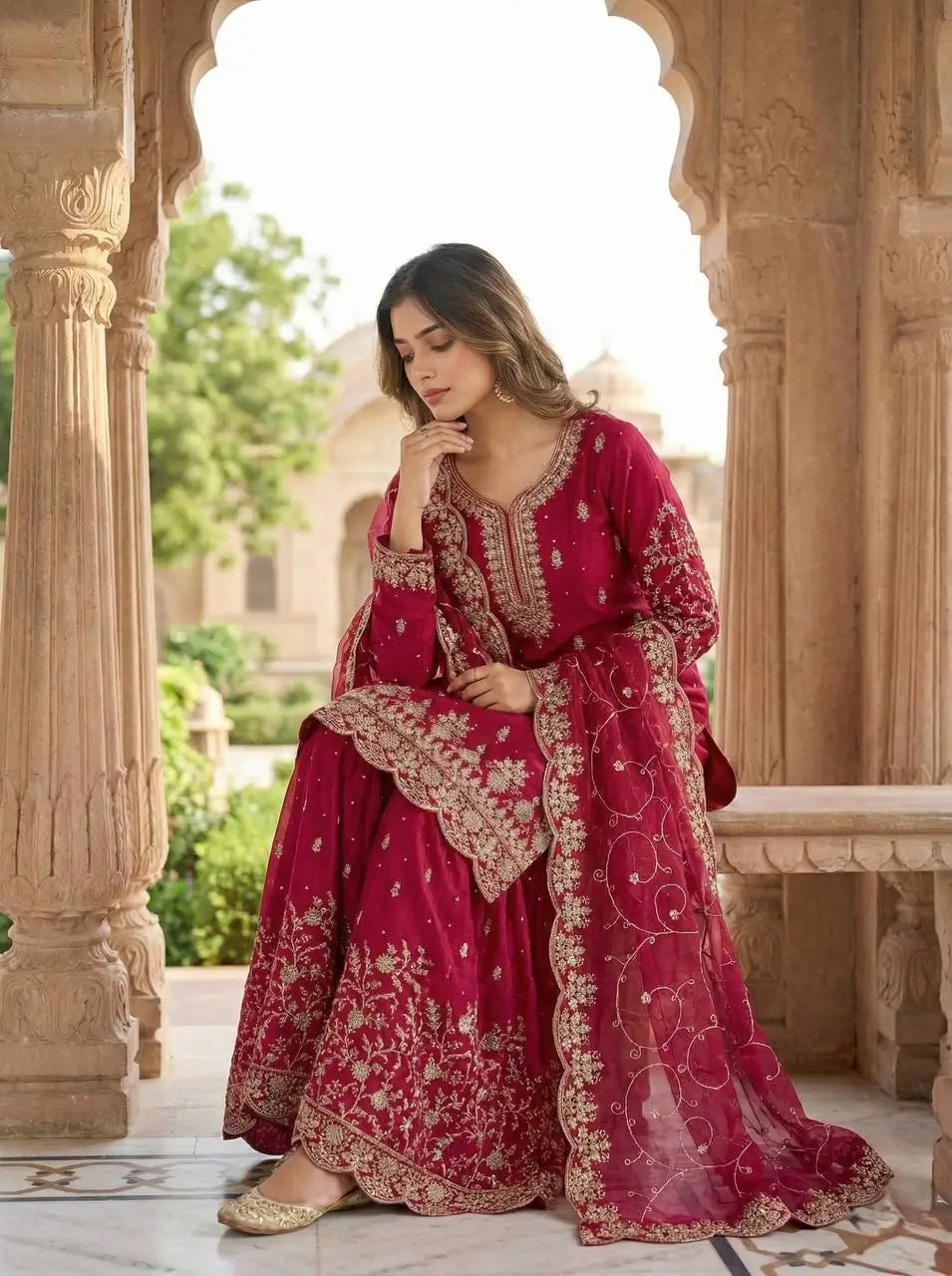 Embroidered Gmy Silk Kurta Palazzo Set with Dupatta
