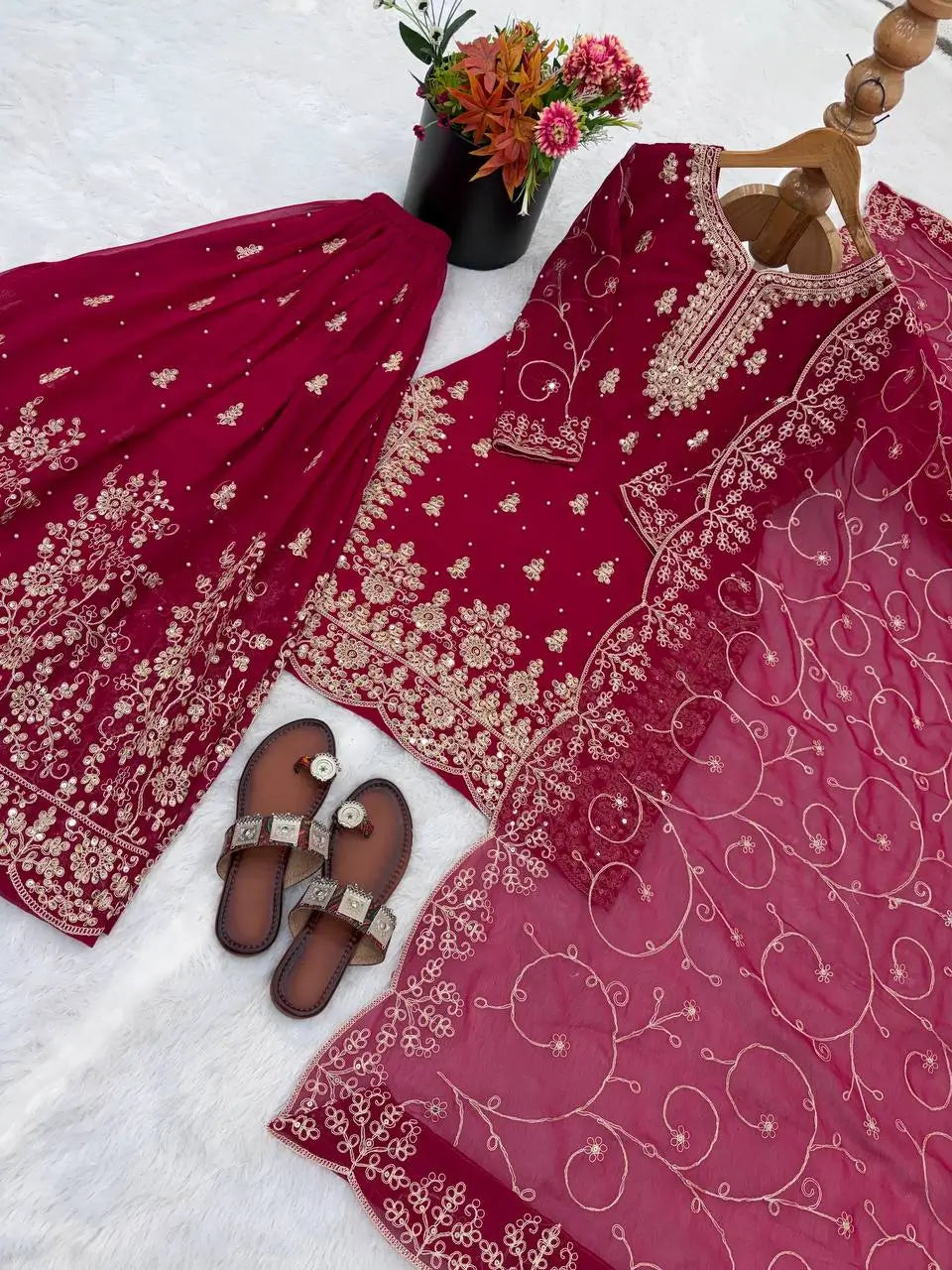 Embroidered Gmy Silk Kurta Palazzo Set with Dupatta
