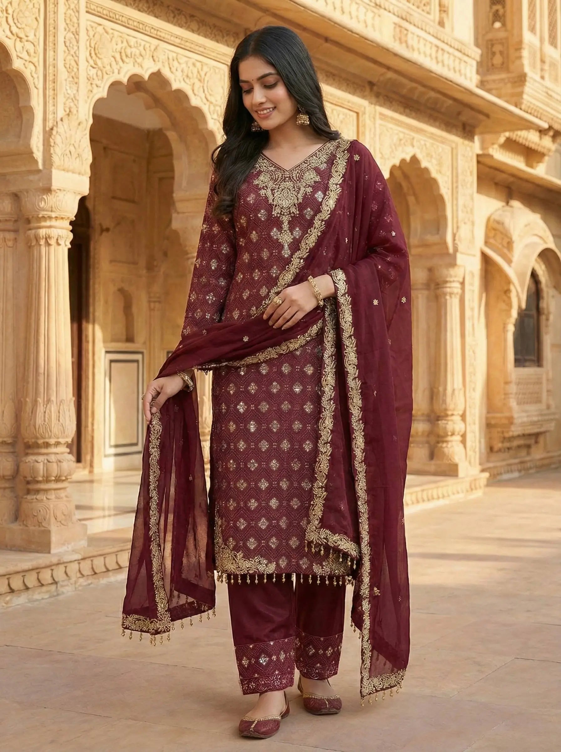 Embroidered Gmy Silk Kurta Palazzo Set with Dupatta