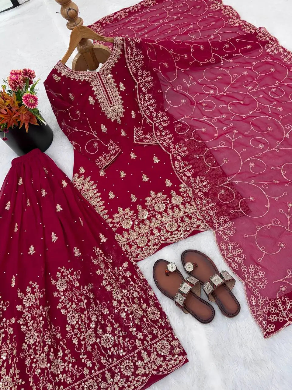 Embroidered Gmy Silk Kurta Palazzo Set with Dupatta