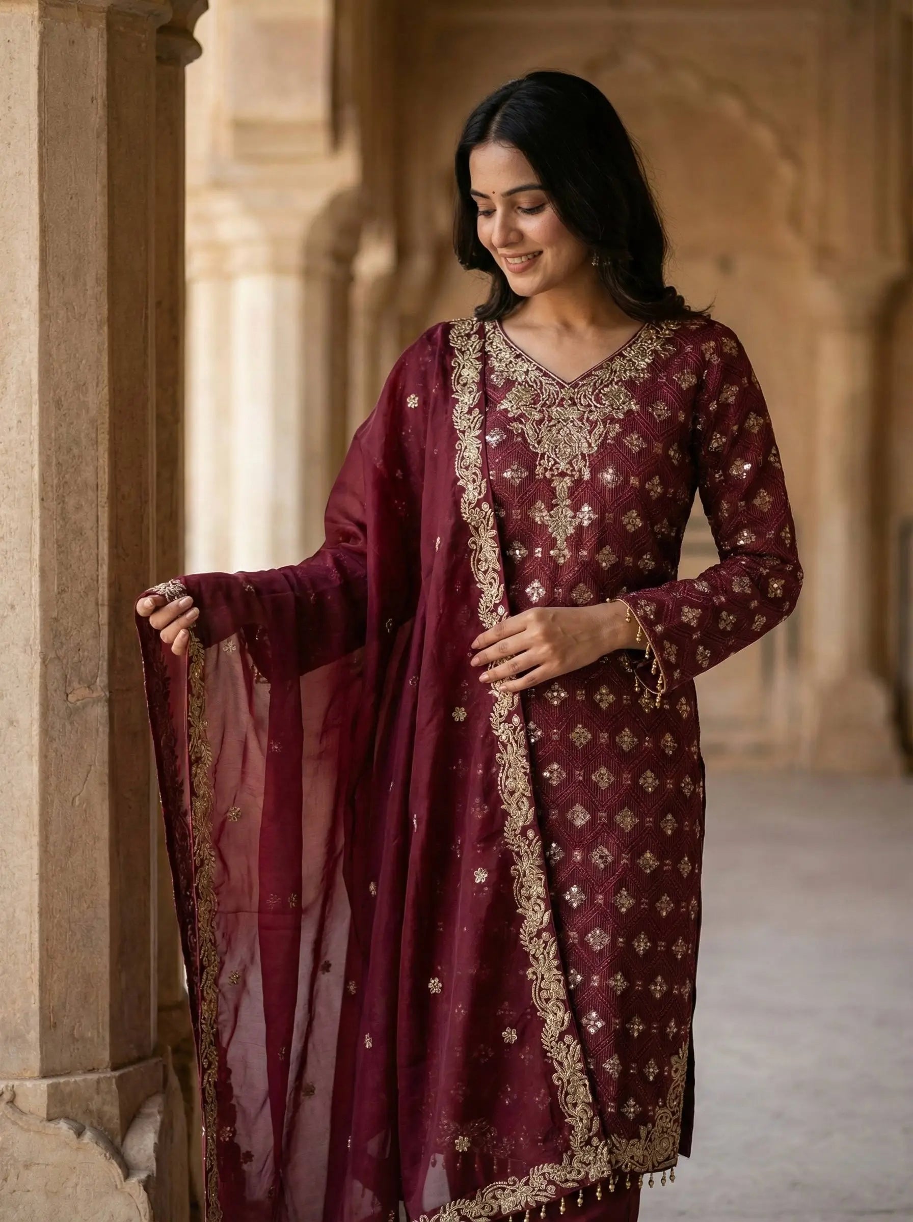 Embroidered Gmy Silk Kurta Palazzo Set with Dupatta