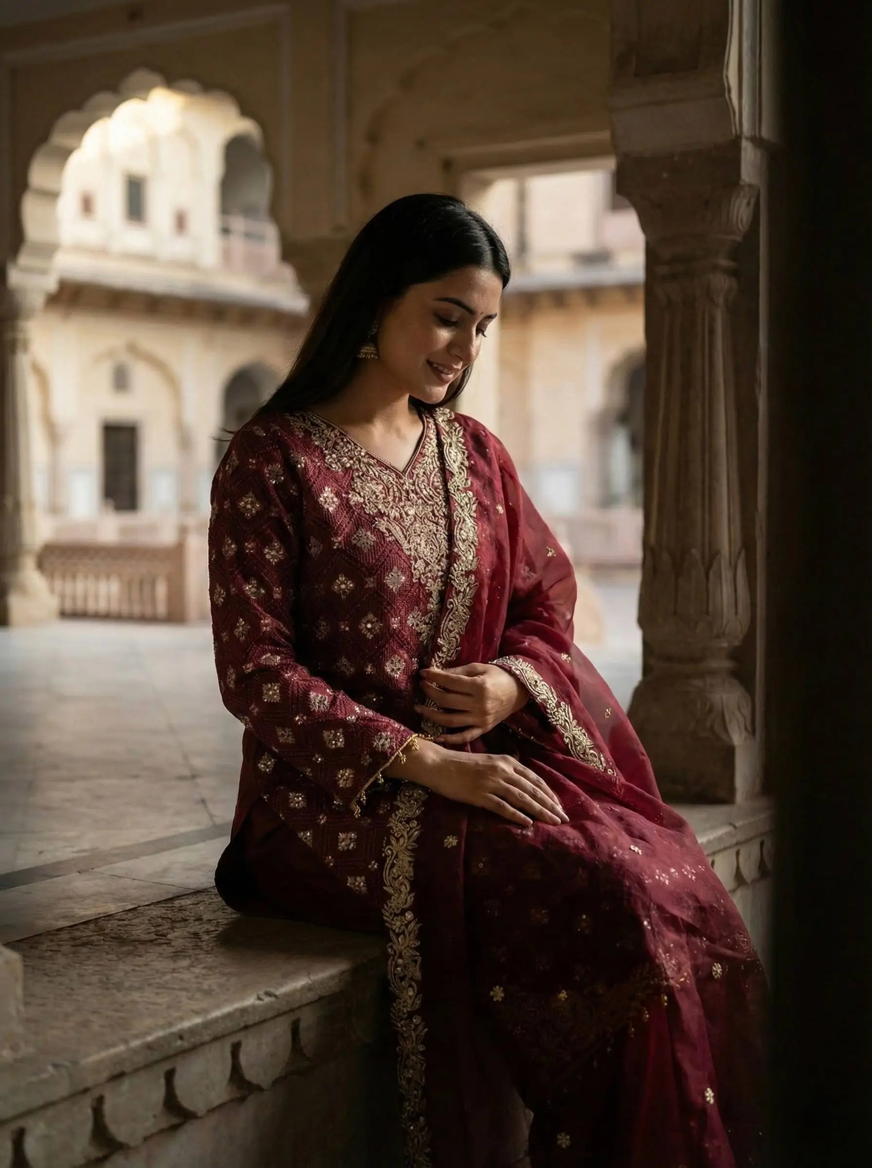 Embroidered Gmy Silk Kurta Palazzo Set with Dupatta