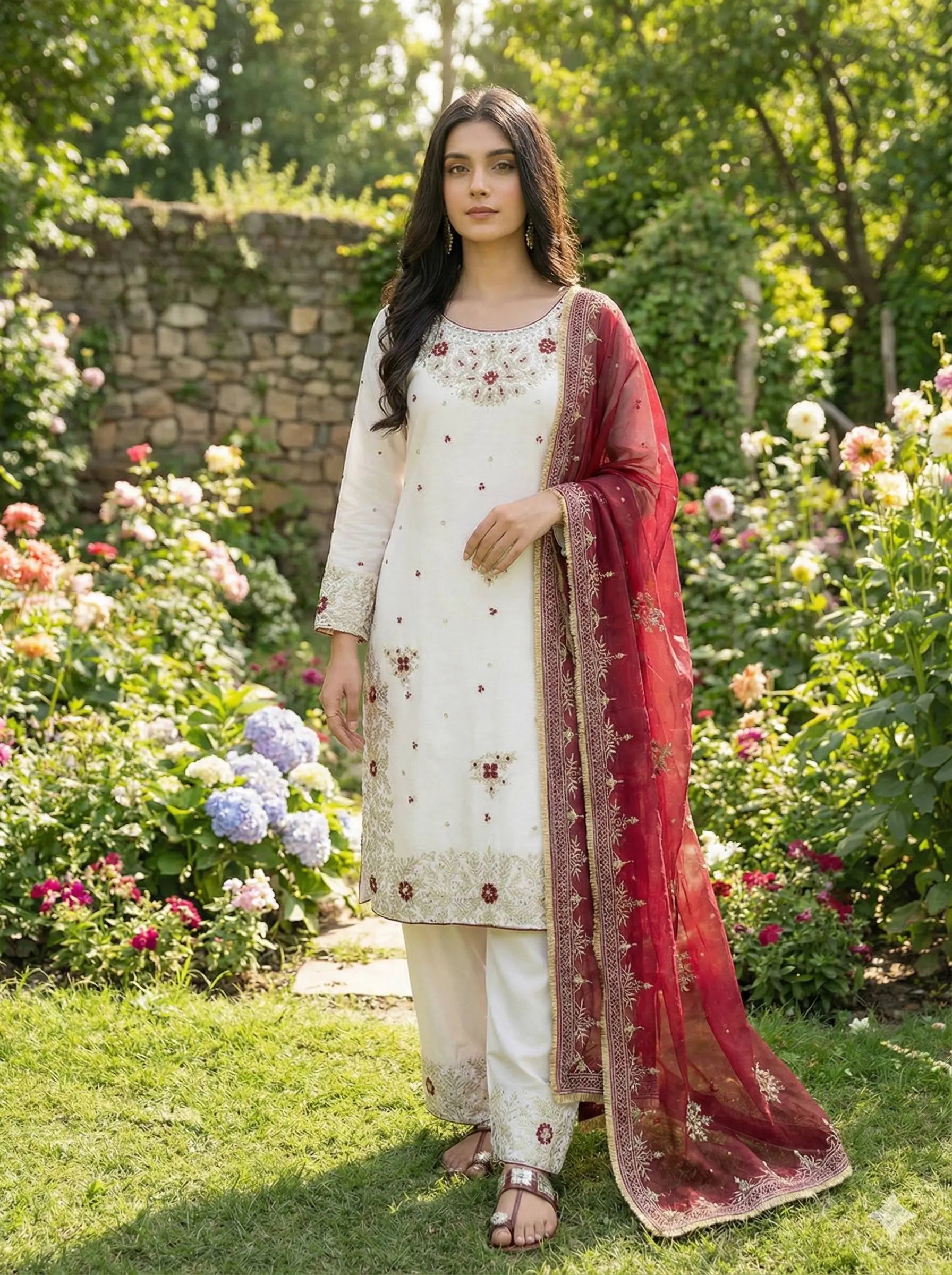Embroidered Gmy Silk Kurta Palazzo Set with Dupatta
