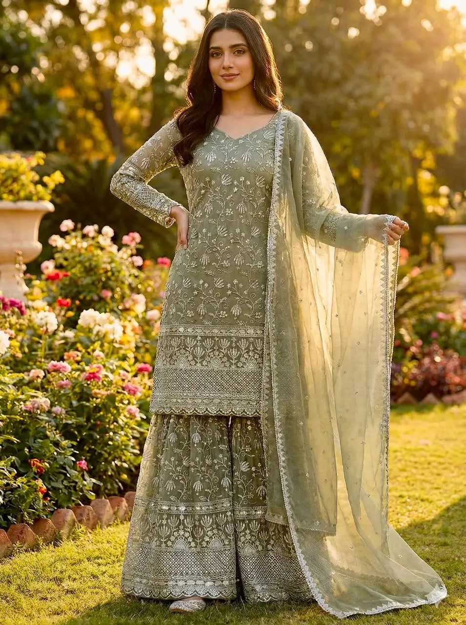 Embroidered Gmy Silk Kurta Palazzo Set with Dupatta