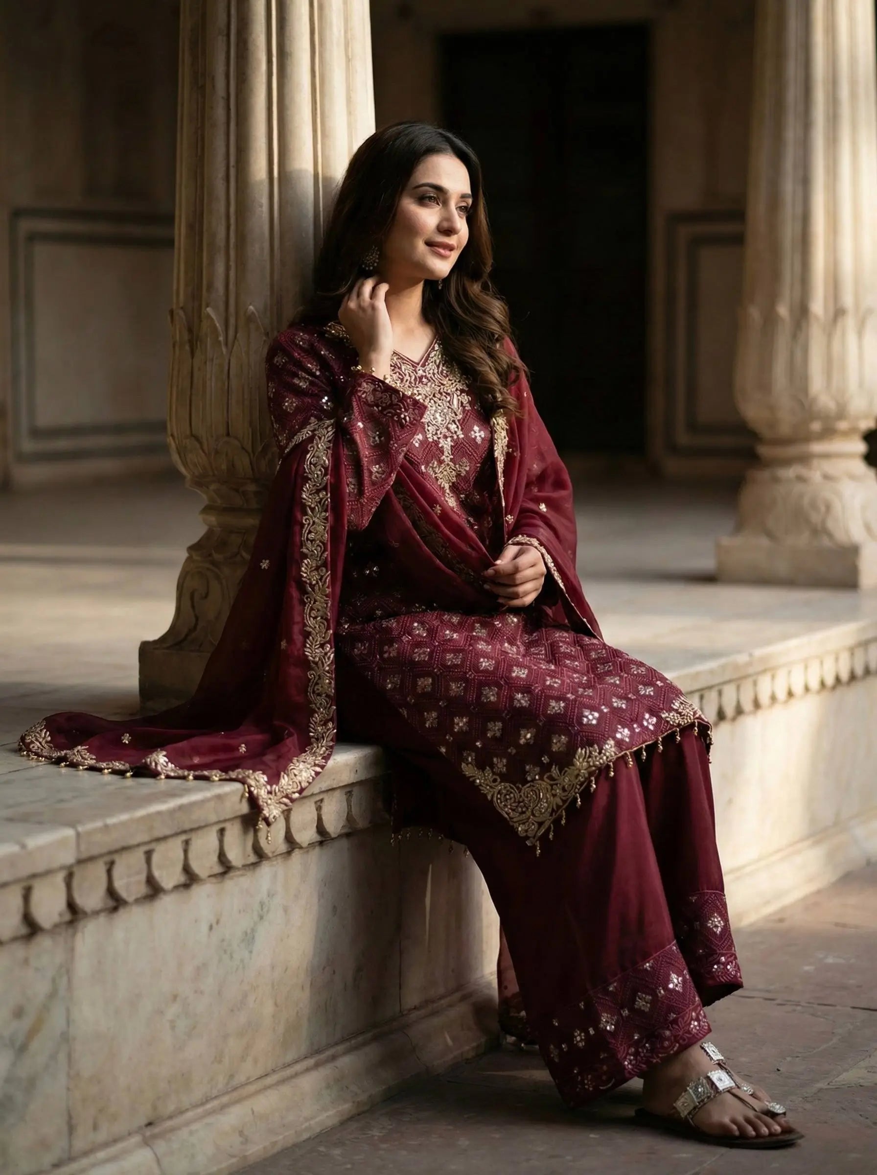 Embroidered Gmy Silk Kurta Palazzo Set with Dupatta