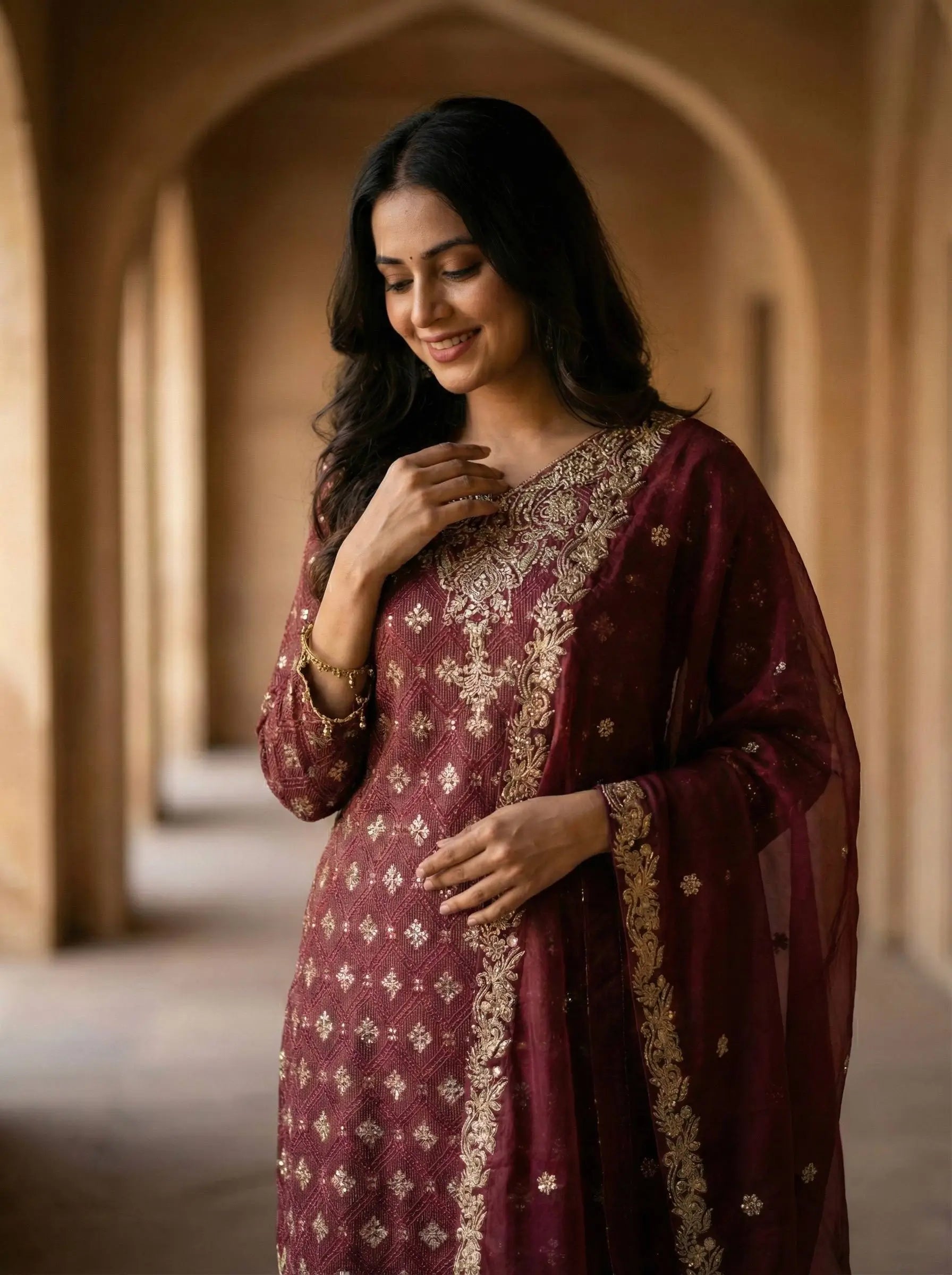 Embroidered Gmy Silk Kurta Palazzo Set with Dupatta