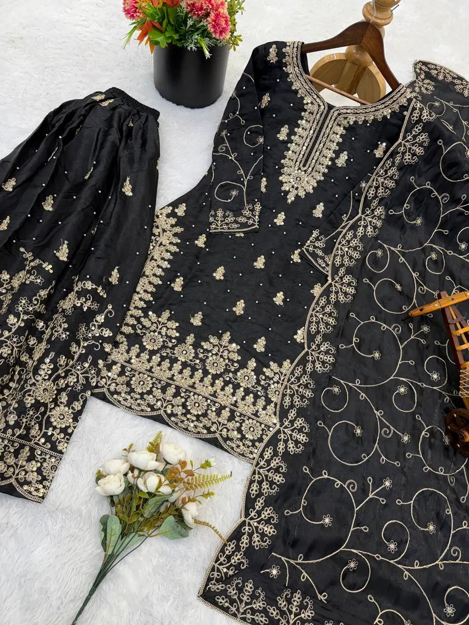 Embroidered Gmy Silk Kurta Palazzo Set with Dupatta