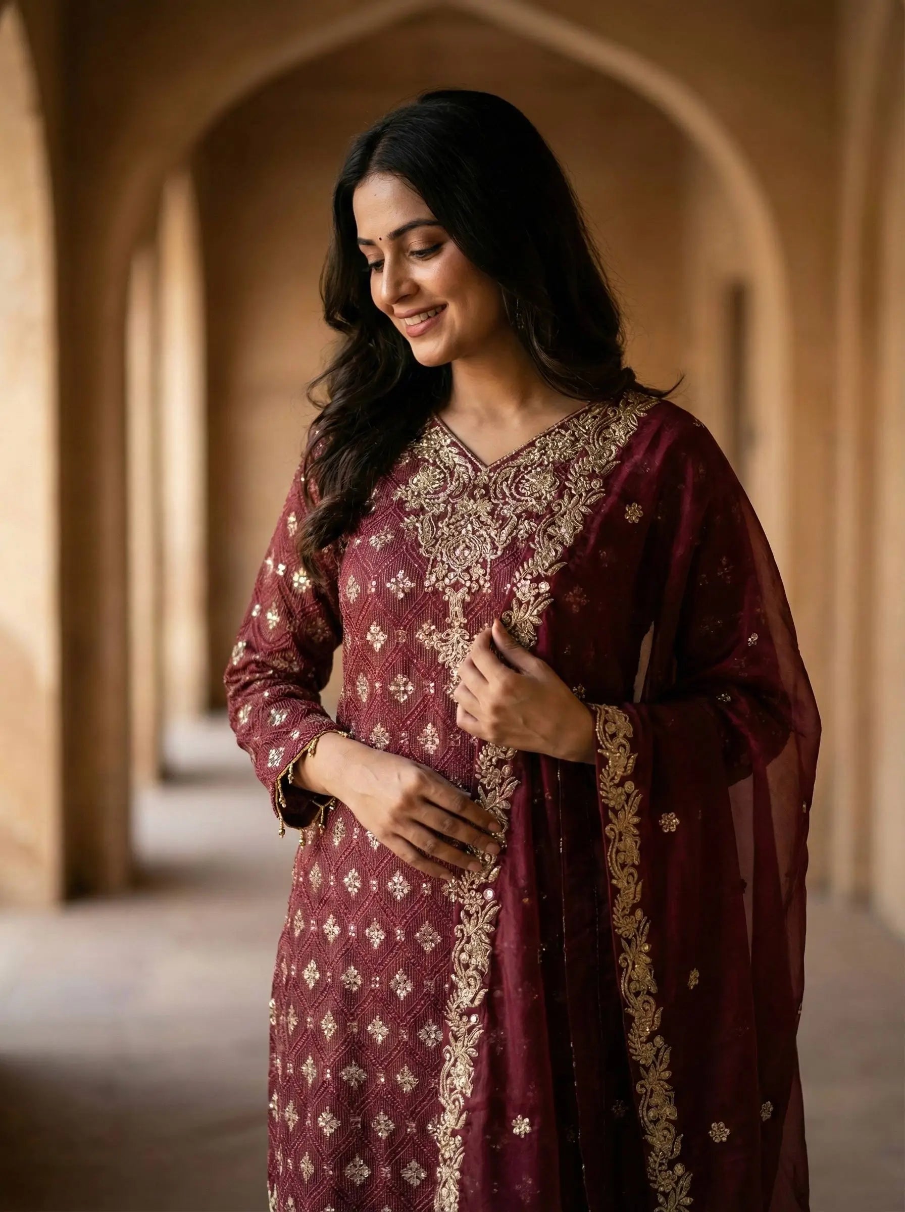 Embroidered Gmy Silk Kurta Palazzo Set with Dupatta