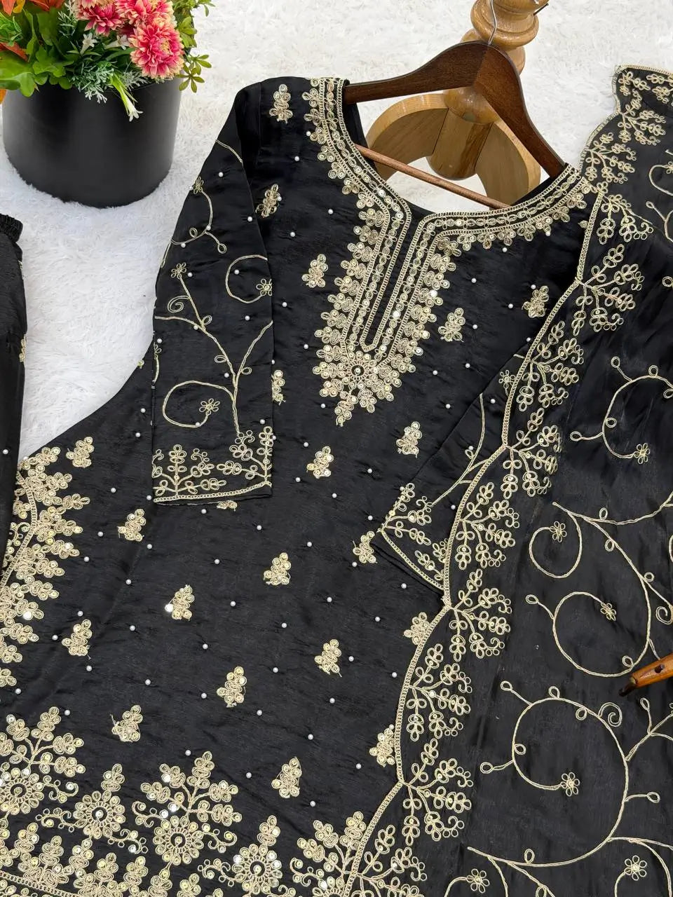 Embroidered Gmy Silk Kurta Palazzo Set with Dupatta