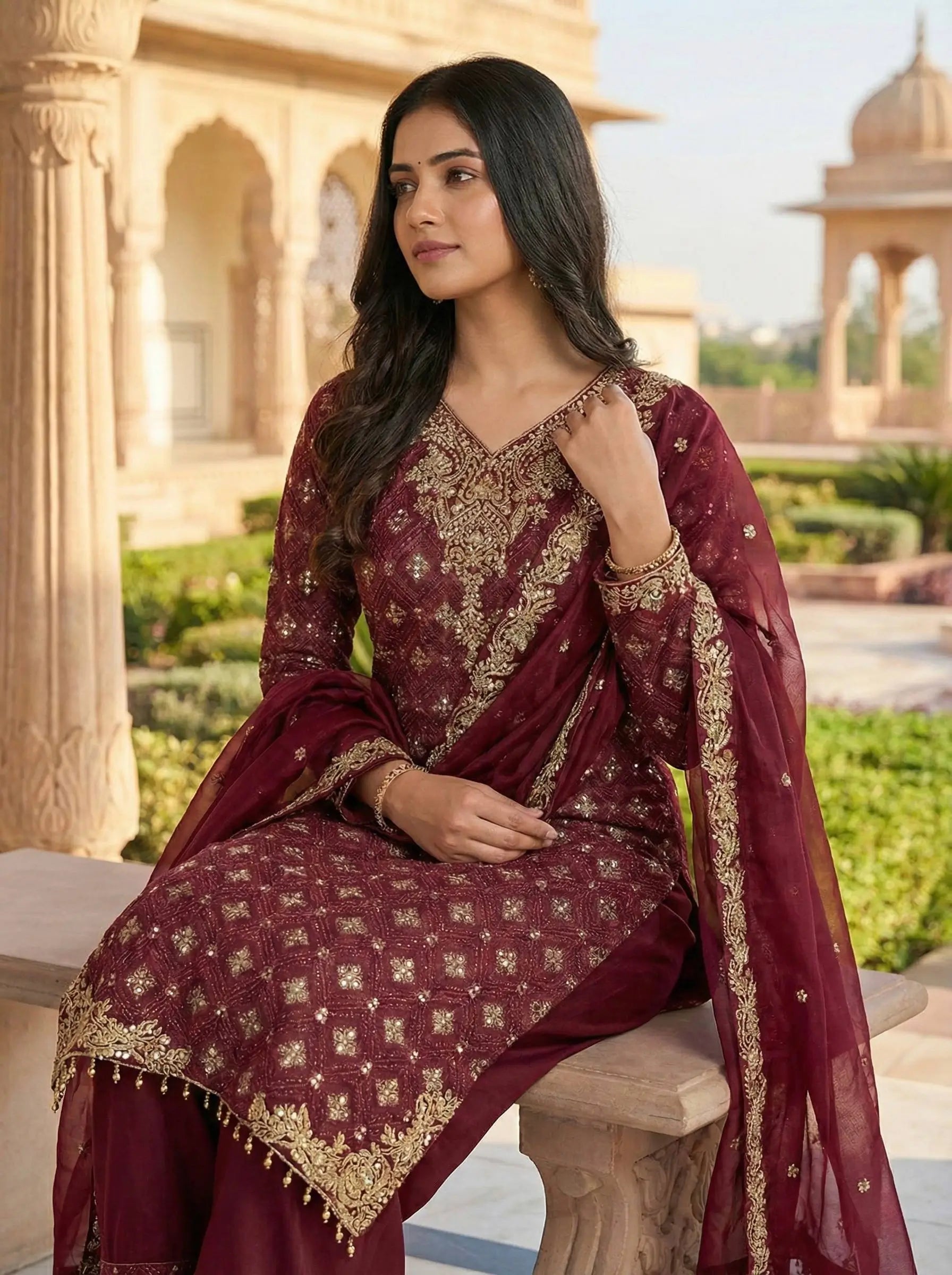 Embroidered Gmy Silk Kurta Palazzo Set with Dupatta