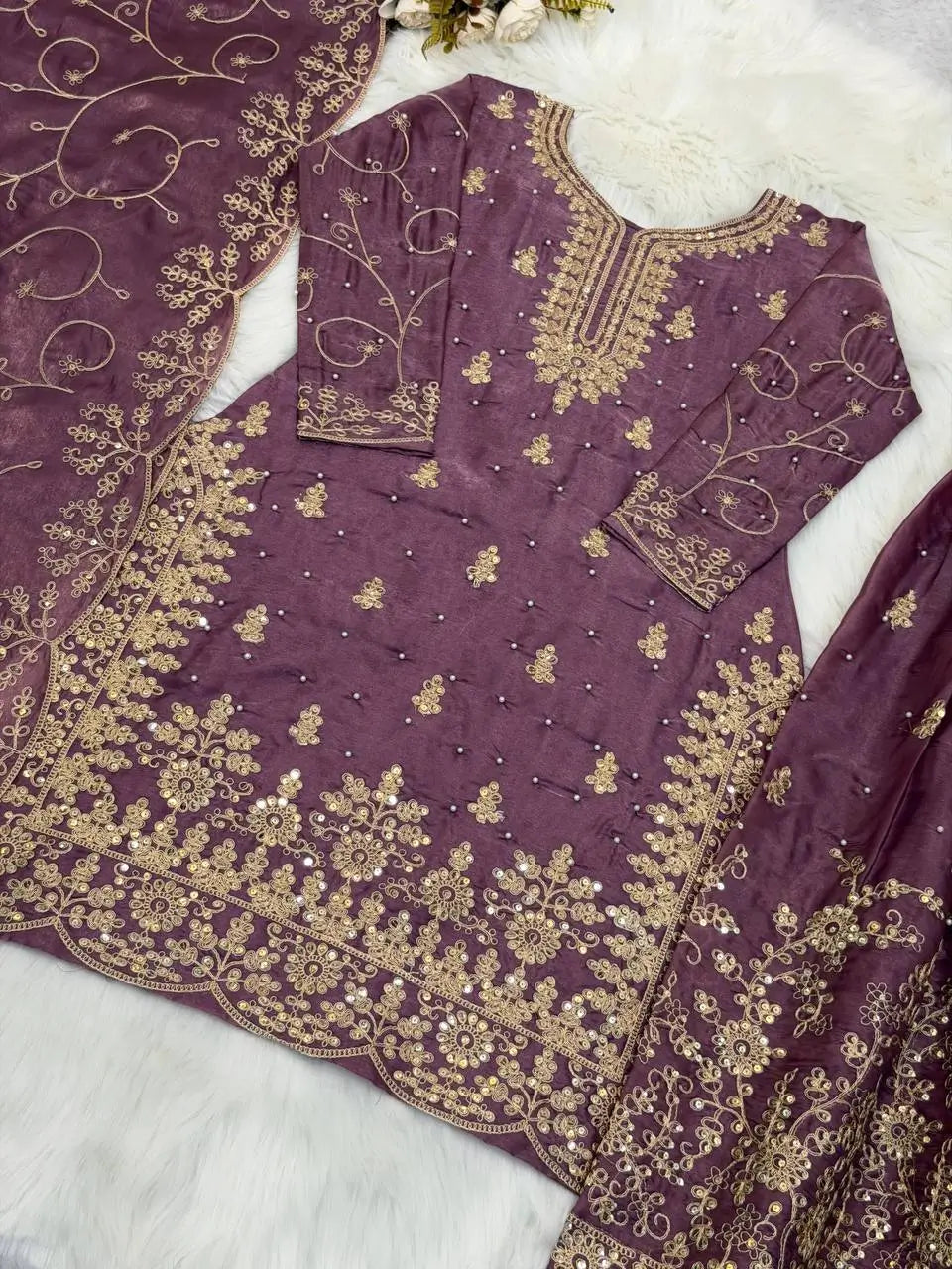 Embroidered Gmy Silk Kurta Palazzo Set with Dupatta