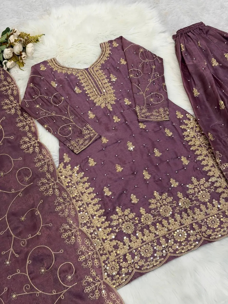 Embroidered Gmy Silk Kurta Palazzo Set with Dupatta