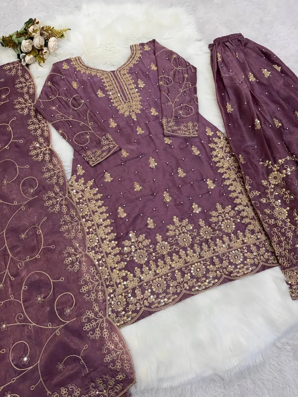 Embroidered Gmy Silk Kurta Palazzo Set with Dupatta