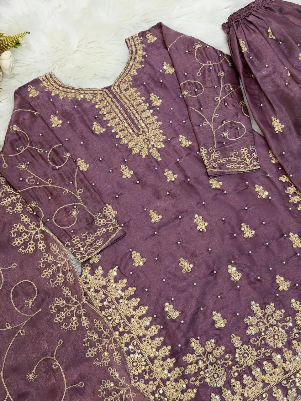 Embroidered Gmy Silk Kurta Palazzo Set with Dupatta