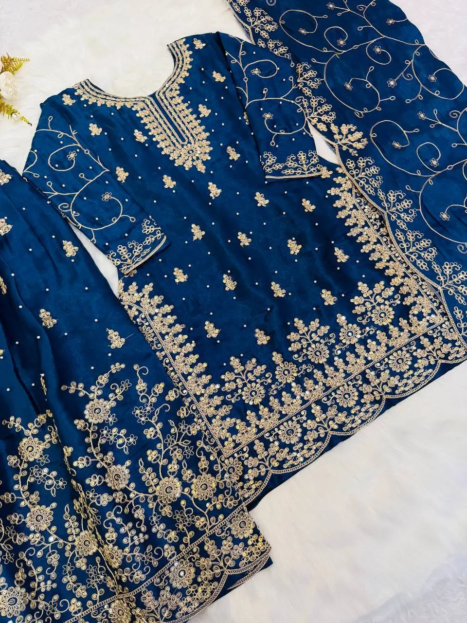 Embroidered Gmy Silk Kurta Palazzo Set with Dupatta