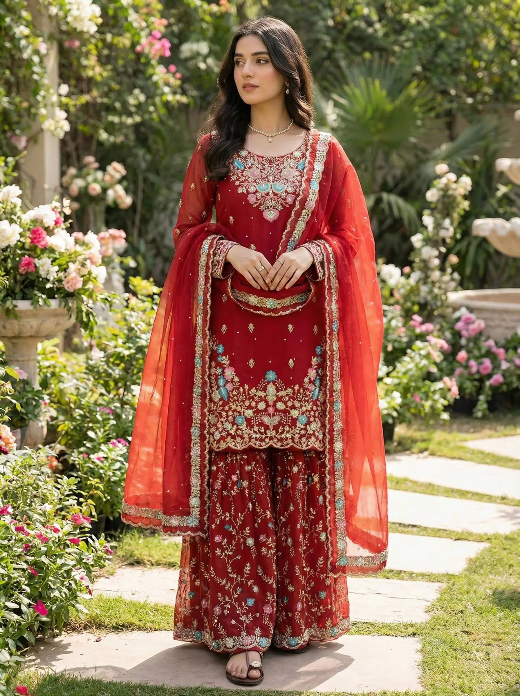 Embroidered Gmy Silk Kurta Palazzo Set with Dupatta