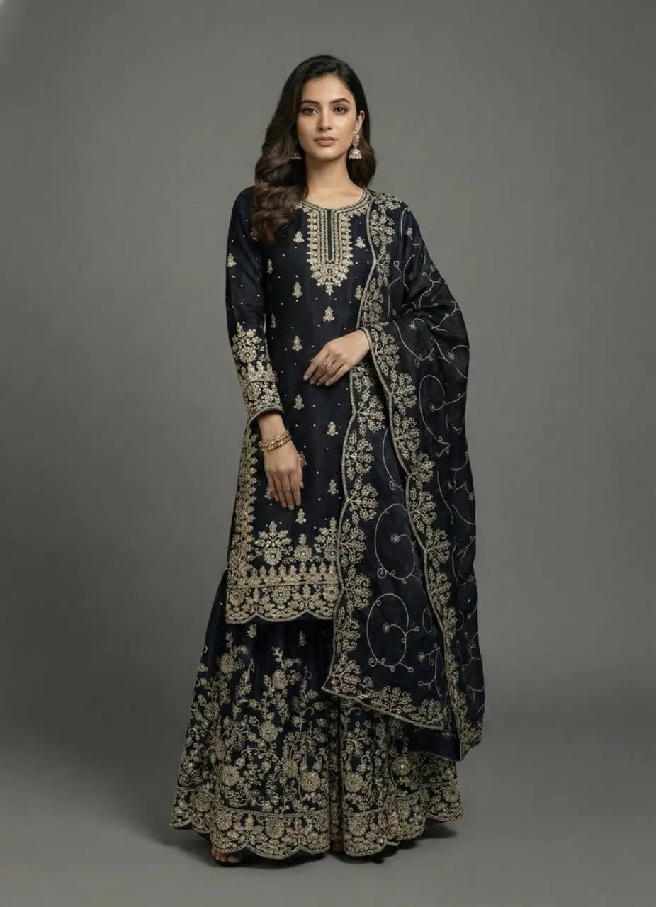 Embroidered Gmy Silk Kurta Palazzo Set with Dupatta