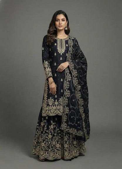 Embroidered Gmy Silk Kurta Palazzo Set with Dupatta