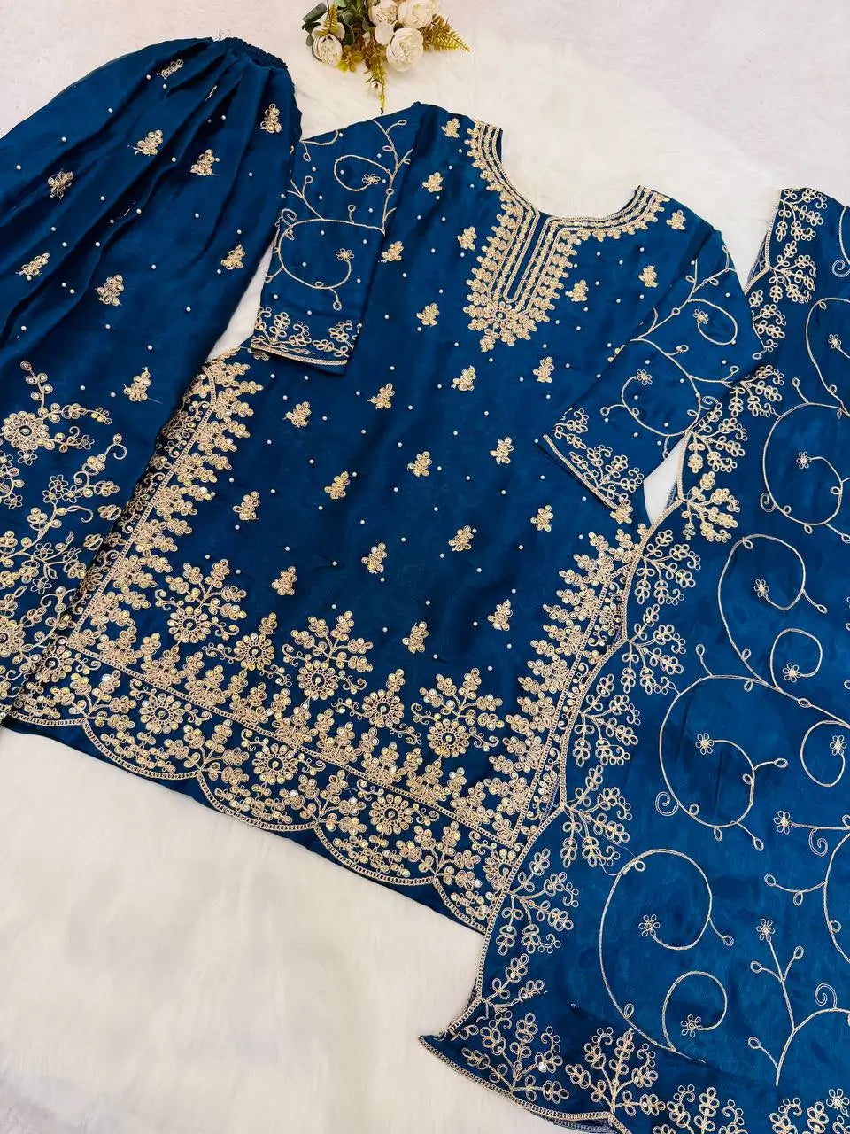 Embroidered Gmy Silk Kurta Palazzo Set with Dupatta