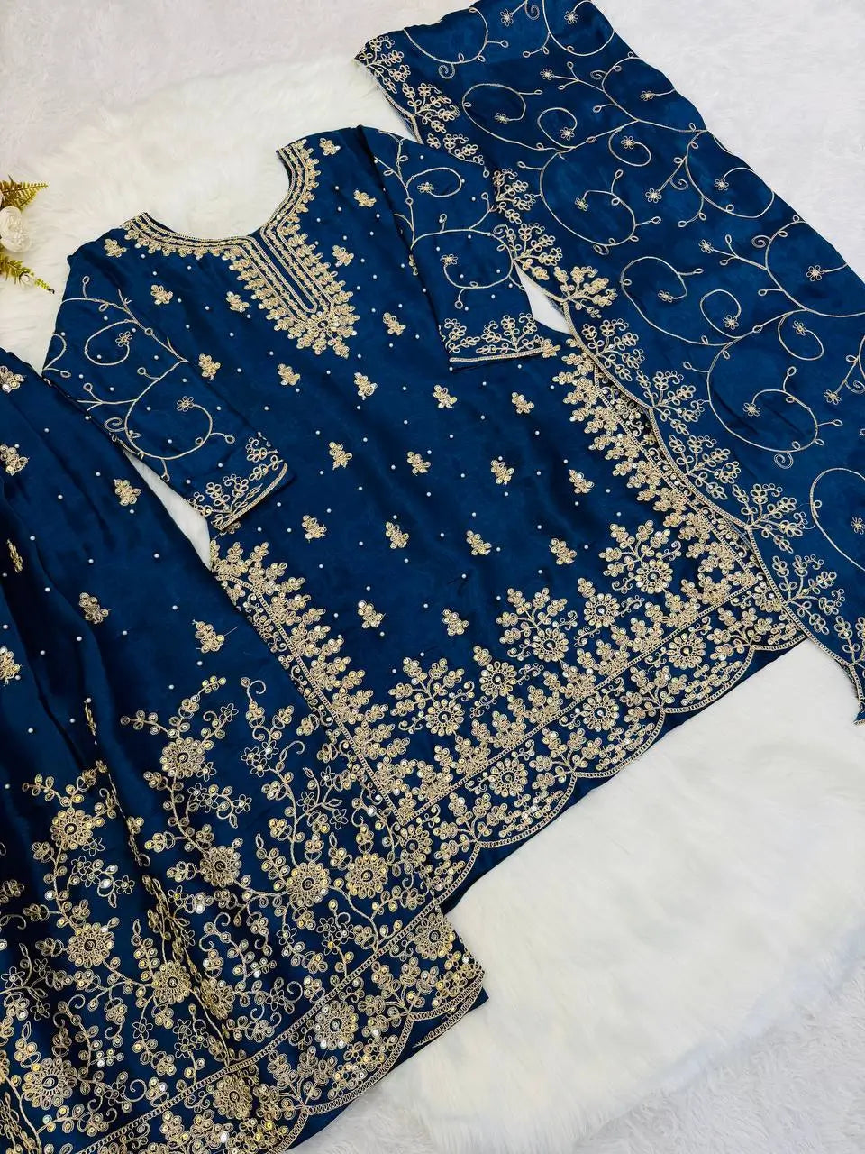 Embroidered Gmy Silk Kurta Palazzo Set with Dupatta