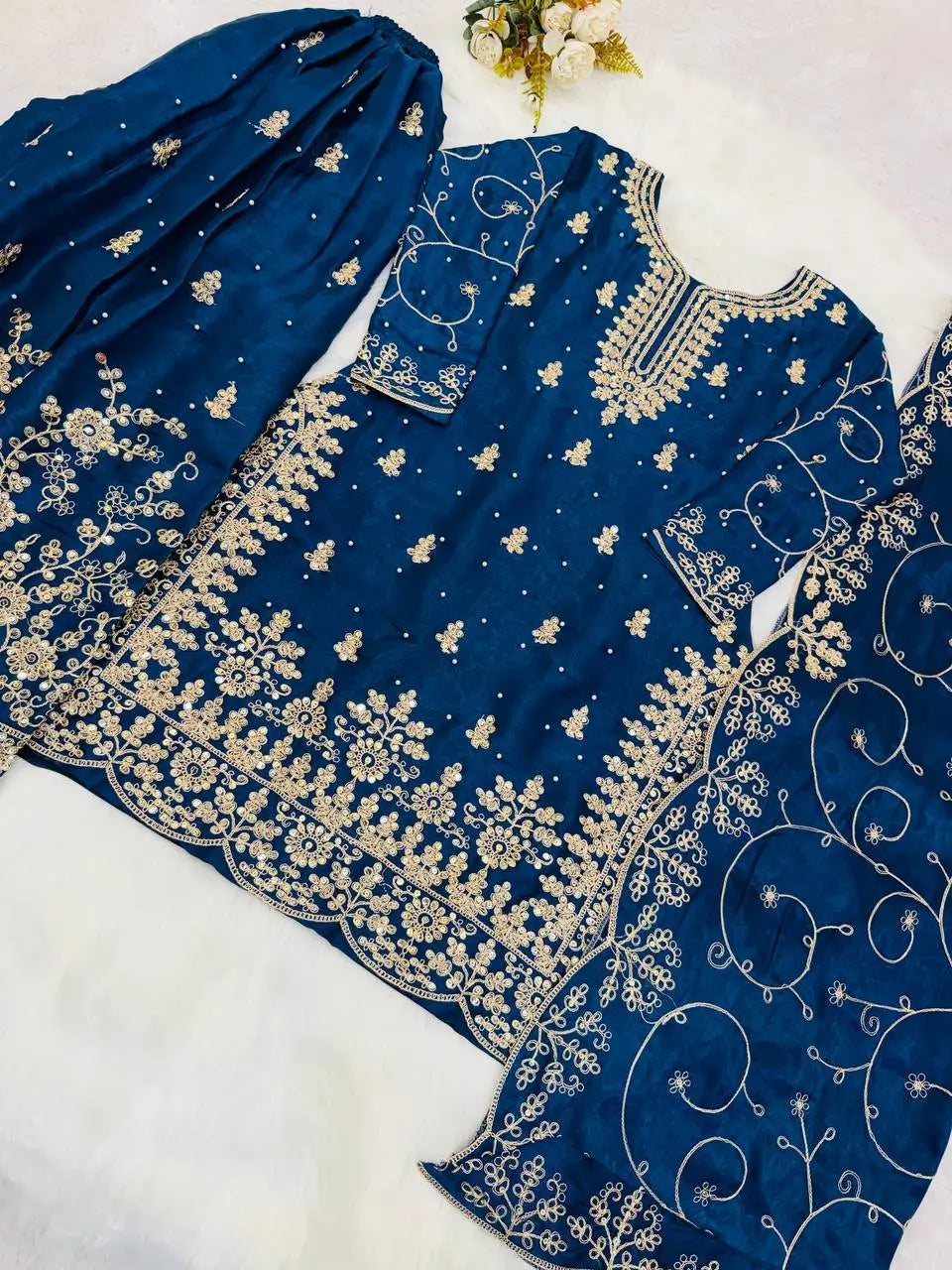 Embroidered Gmy Silk Kurta Palazzo Set with Dupatta