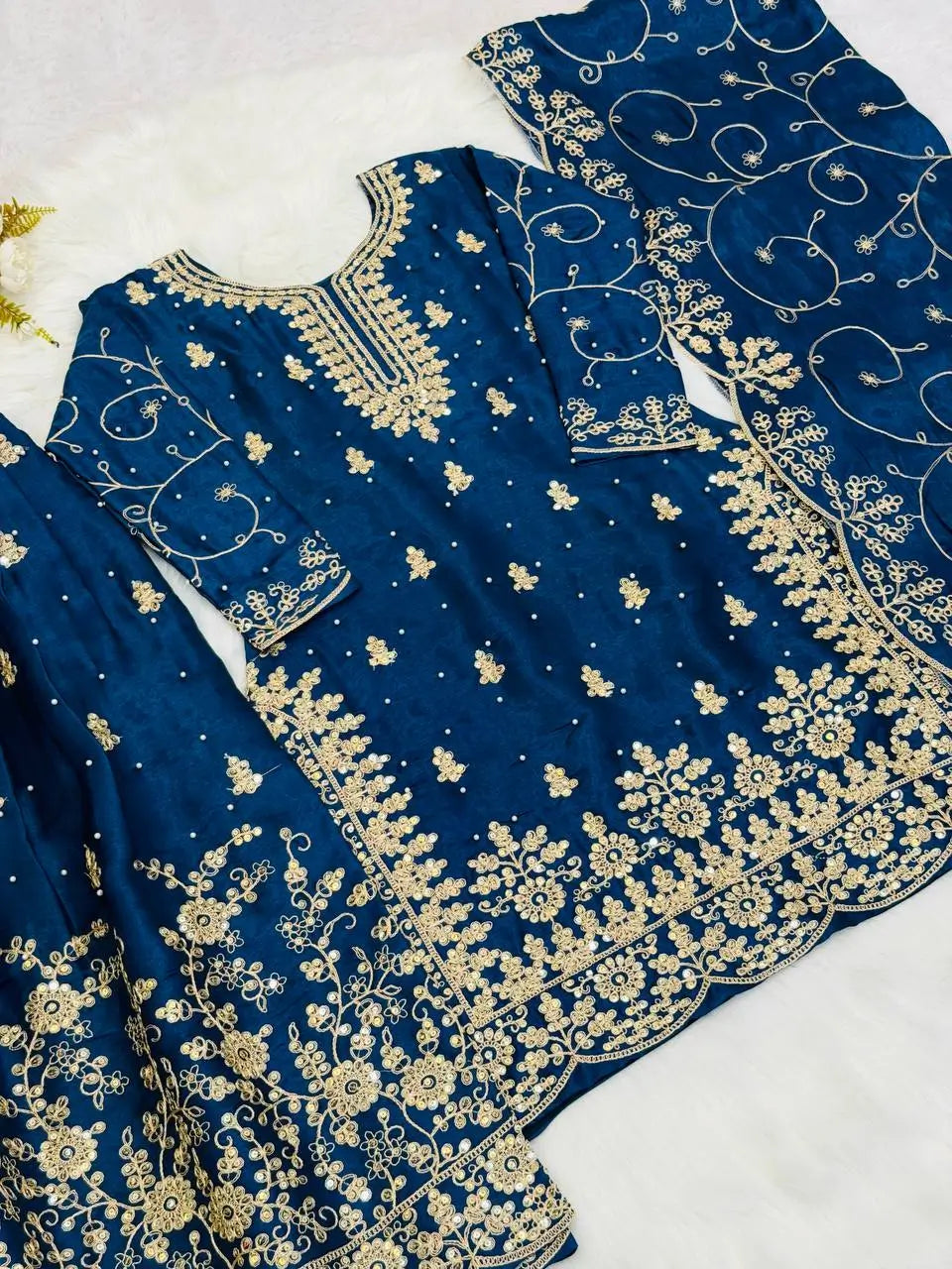 Embroidered Gmy Silk Kurta Palazzo Set with Dupatta