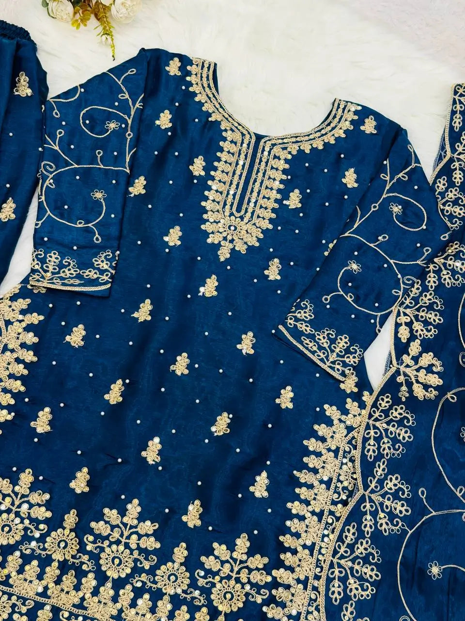 Embroidered Gmy Silk Kurta Palazzo Set with Dupatta
