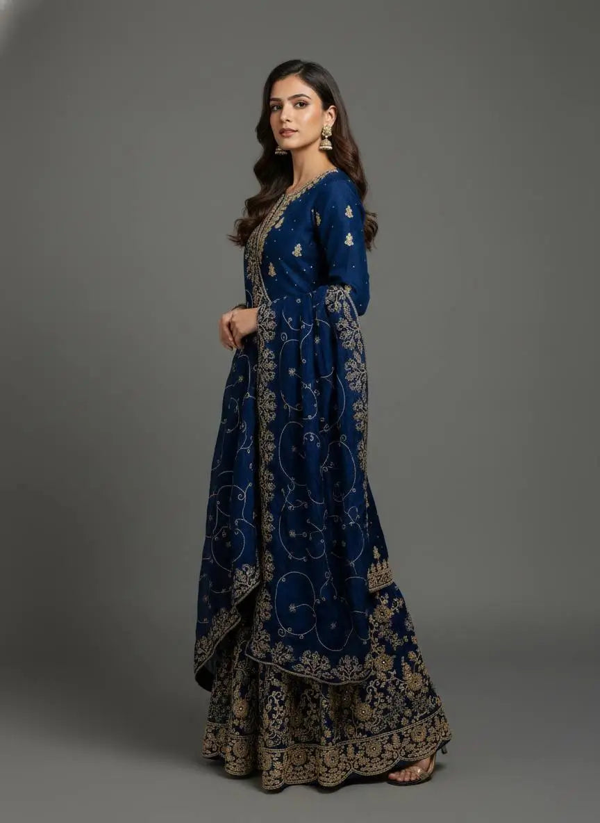 Embroidered Gmy Silk Kurta Palazzo Set with Dupatta