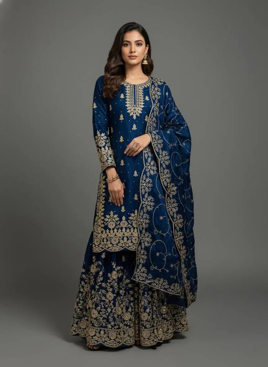 Embroidered Gmy Silk Kurta Palazzo Set with Dupatta