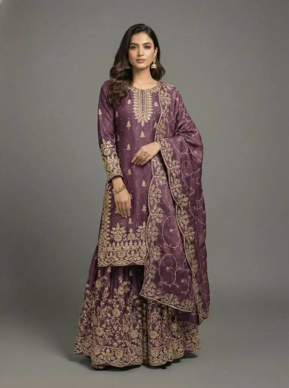 Embroidered Gmy Silk Kurta Palazzo Set with Dupatta