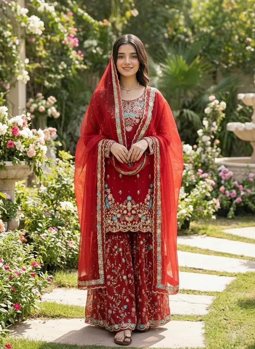 Embroidered Gmy Silk Kurta Palazzo Set with Dupatta