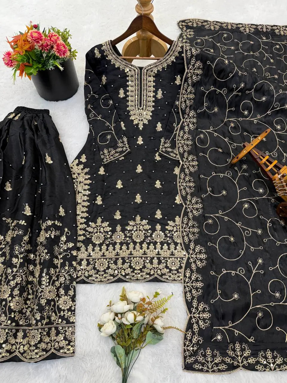 Embroidered Gmy Silk Kurta Palazzo Set with Dupatta