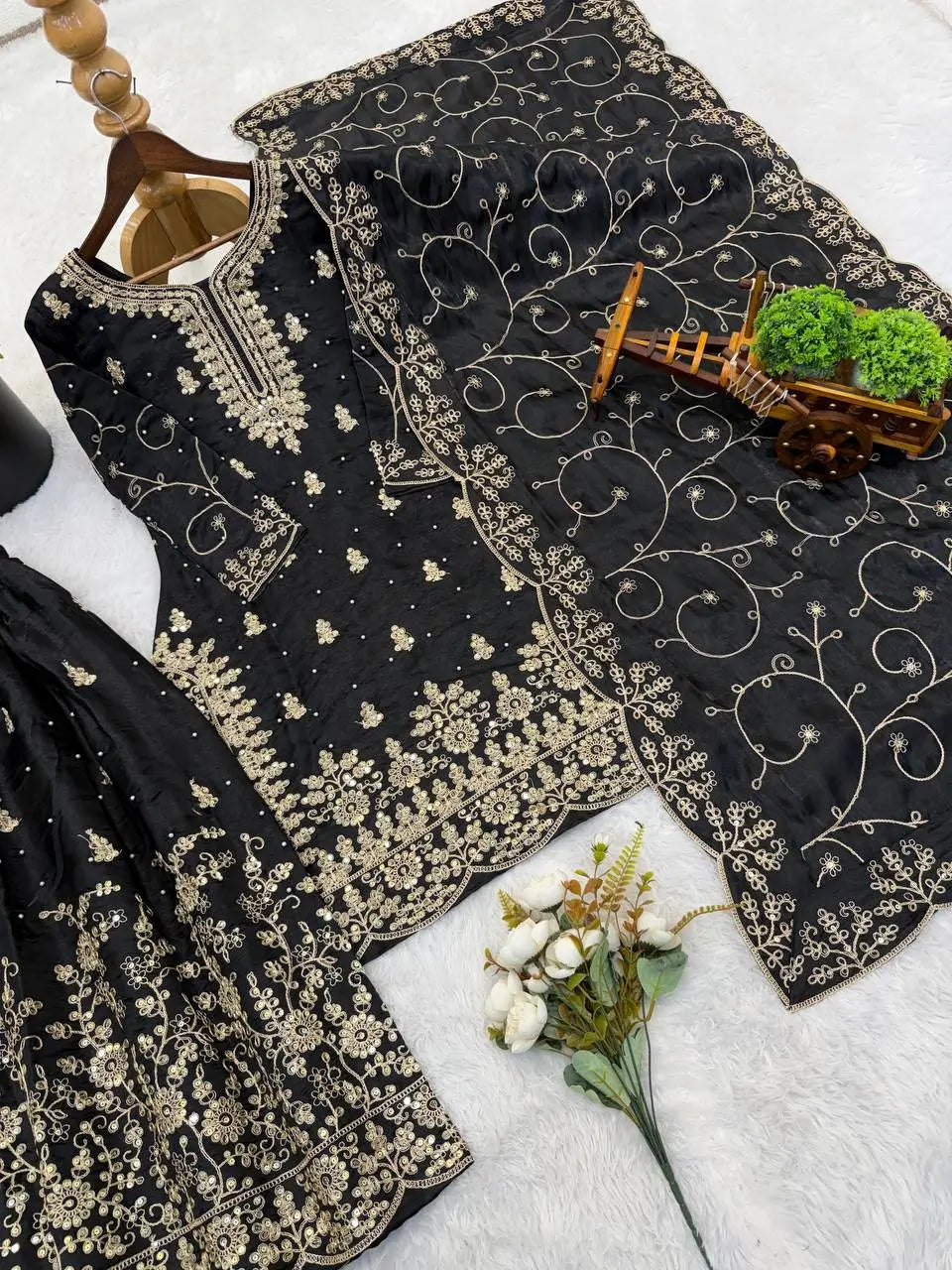 Embroidered Gmy Silk Kurta Palazzo Set with Dupatta