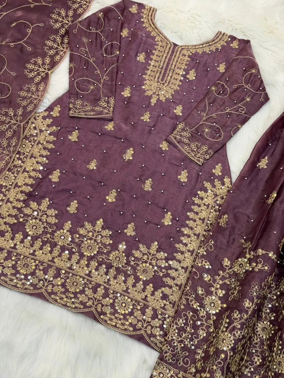 Embroidered Gmy Silk Kurta Palazzo Set with Dupatta